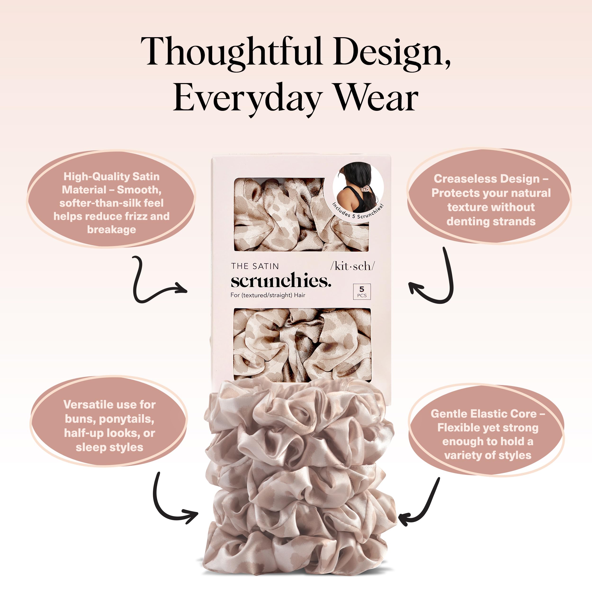 Kitsch Pillow Satin Scrunchies for Women - Hair Ties No Damage, No Crease Hair Accessories | Perfect for Day or Night | Ideal Gifts for Women - Blush, 4pcs
