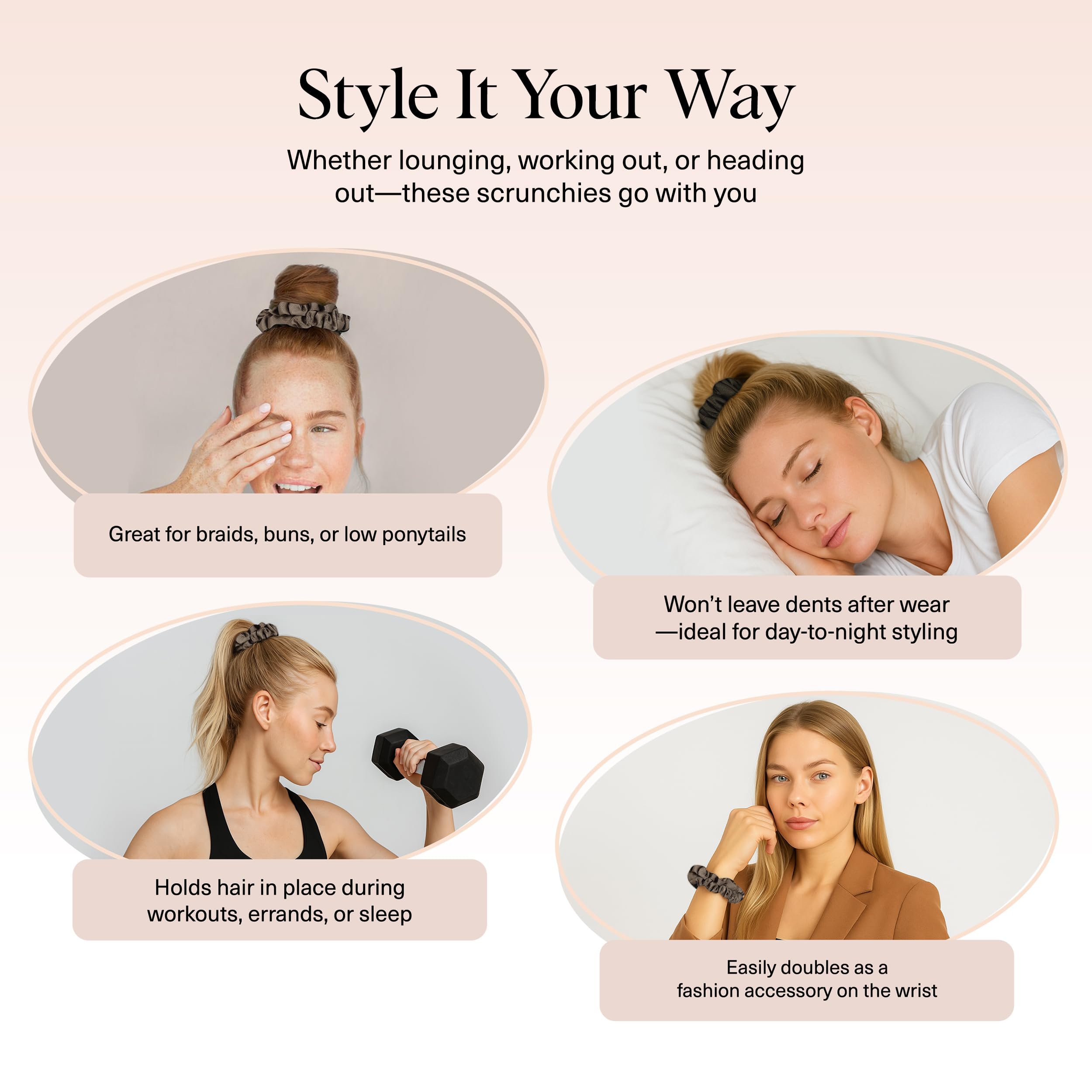 Kitsch Pillow Satin Scrunchies for Women - Hair Ties No Damage, No Crease Hair Accessories | Perfect for Day or Night | Ideal Gifts for Women - Blush, 4pcs
