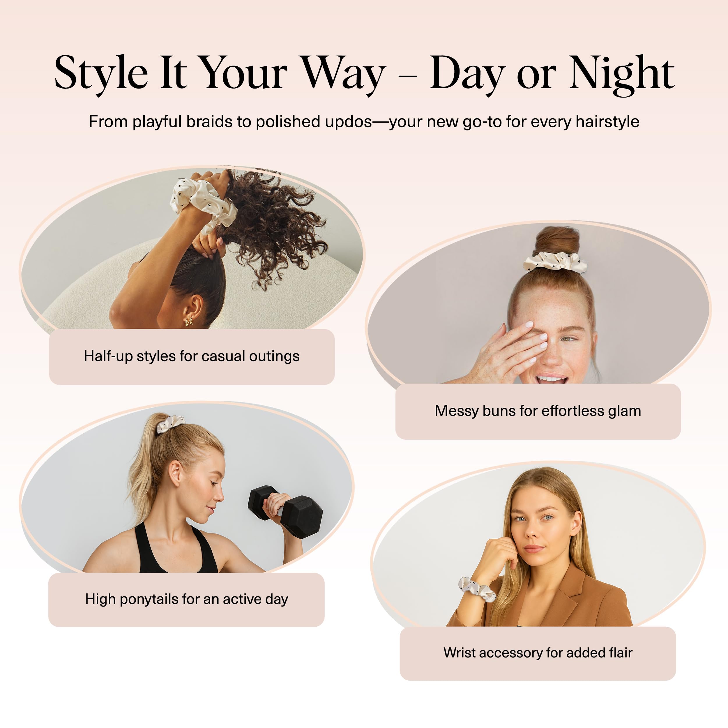 Kitsch Pillow Satin Scrunchies for Women - Hair Ties No Damage, No Crease Hair Accessories | Perfect for Day or Night | Ideal Gifts for Women - Blush, 4pcs
