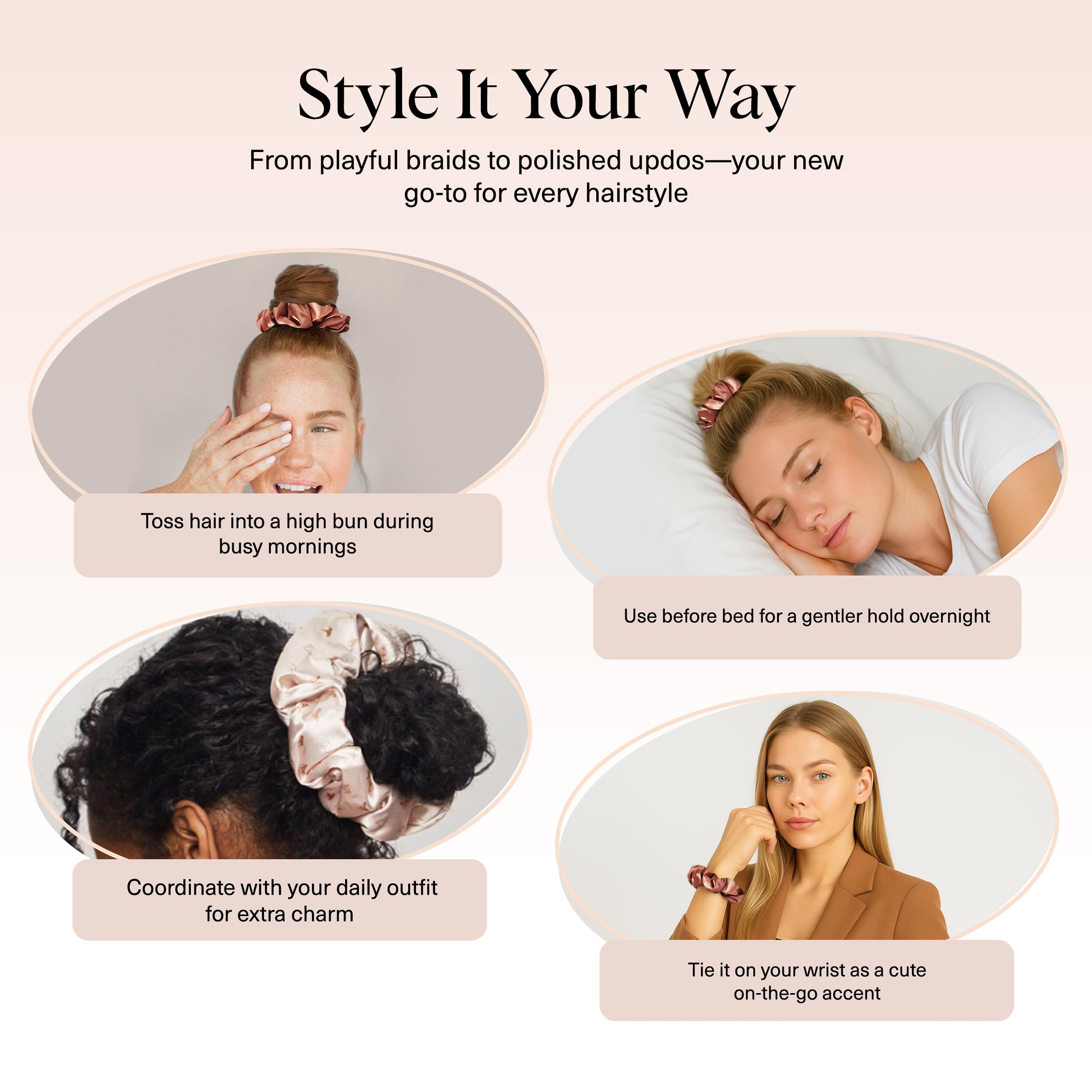 Kitsch Pillow Satin Scrunchies for Women - Hair Ties No Damage, No Crease Hair Accessories | Perfect for Day or Night | Ideal Gifts for Women - Blush, 4pcs