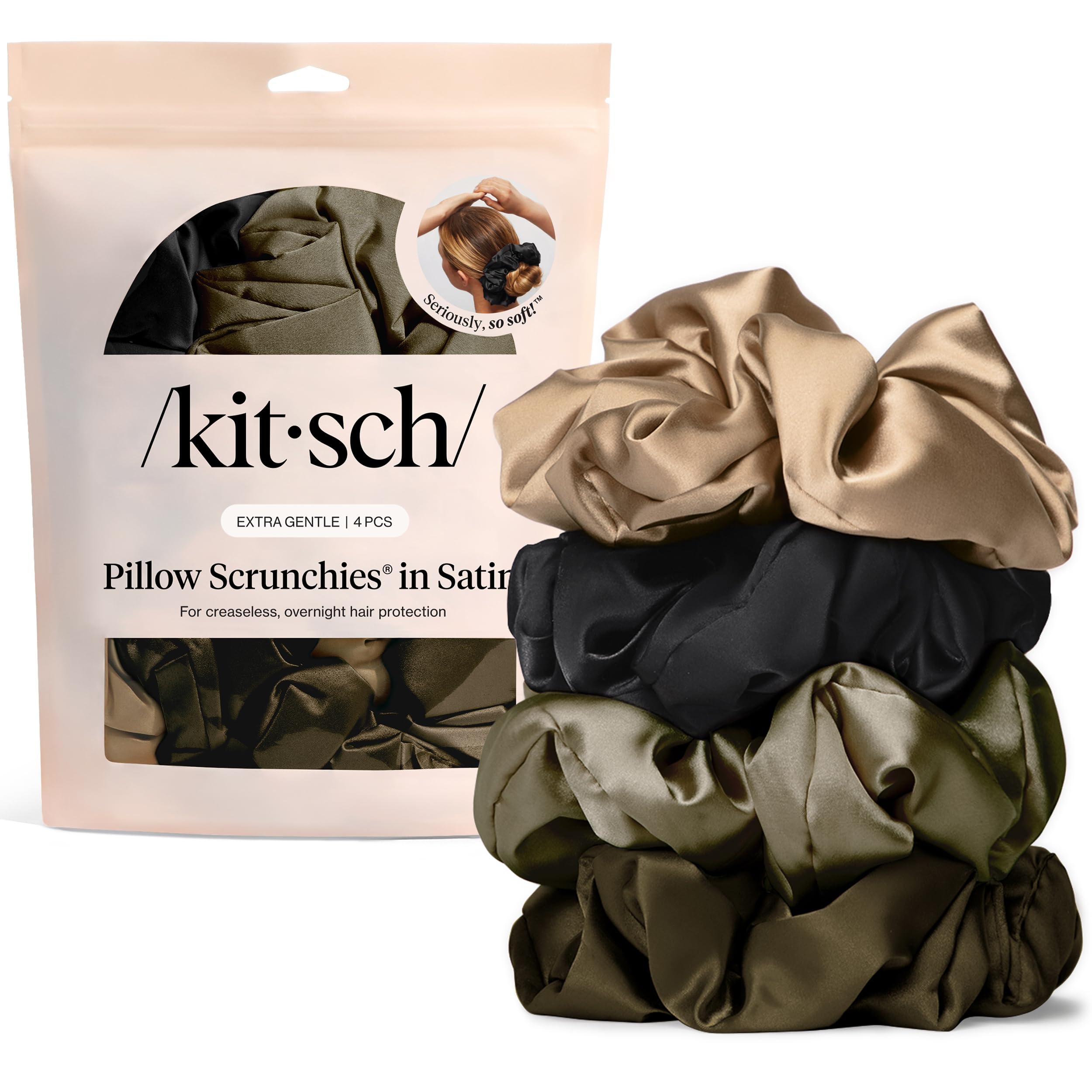 Kitsch Pillow Satin Scrunchies for Women - Hair Ties No Damage, No Crease Hair Accessories | Perfect for Day or Night | Ideal Gifts for Women - Blush, 4pcs